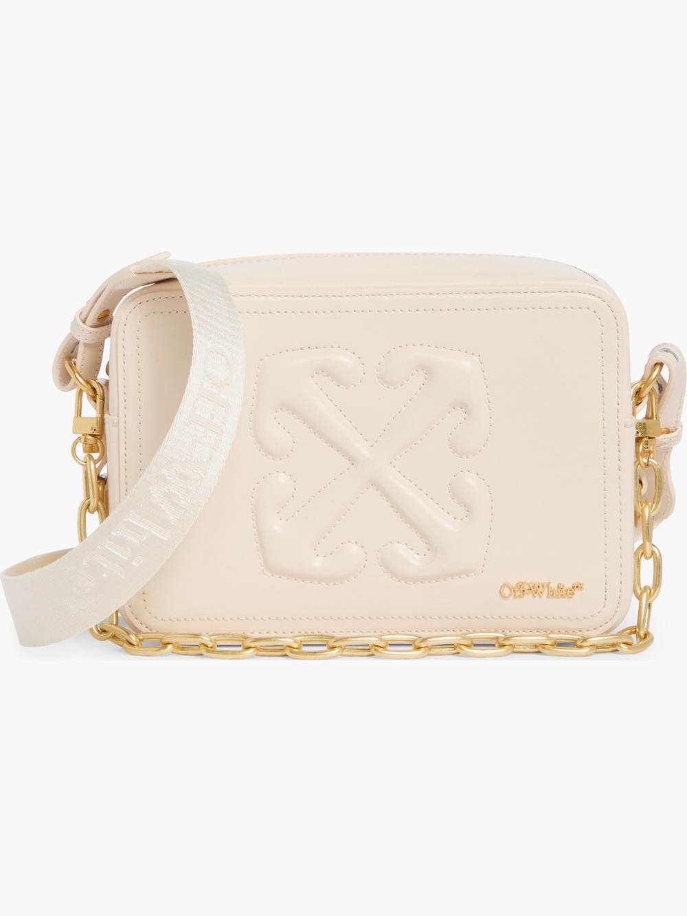 Off-White Cream Leather Crossbody Camera Bag with Gold Chain